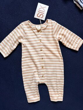 SIIX Beige & White Striped Baby One-Piece Bodysuit NWT 6-12m